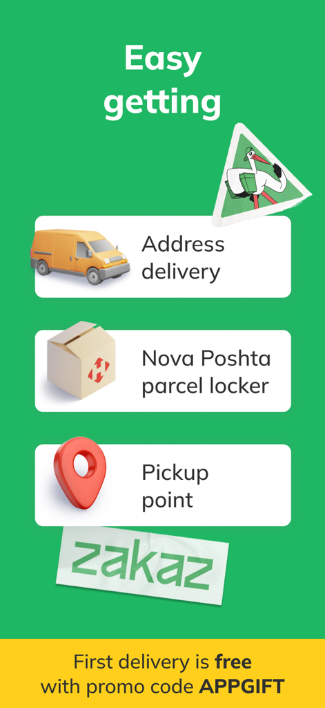 Zakaz.ua grocery delivery app - Zakaz.ua app interface showing delivery options including address delivery, Nova Poshta locker, and pickup point with a free first delivery offer
