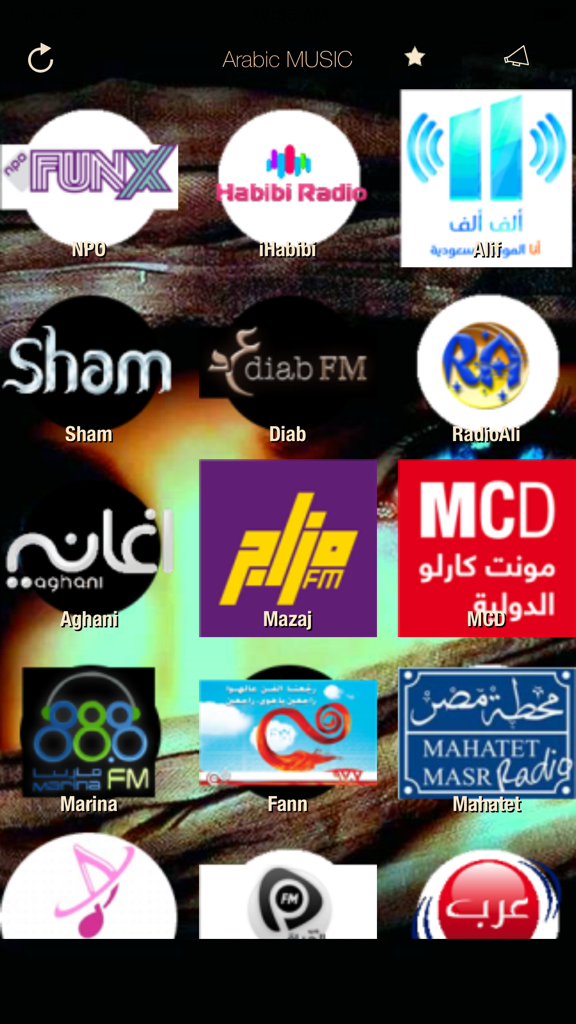 Arabic Music ONLINE Radio for Keep Calm - Interface do aplicativo Rádio Online de Música Árabe mostrando uma seleção de estações de rádio incluindo Habibi Radio e Sham FM