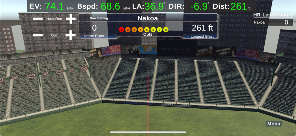 Drop N Launch - Drop N Launch app screenshot showing baseball hitting metrics and home run derby game mode in a virtual stadium