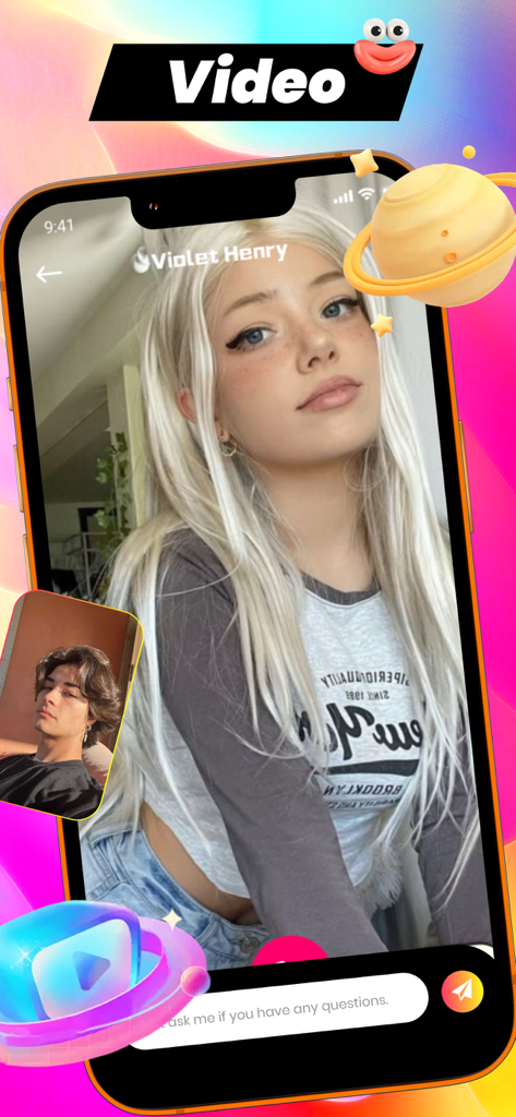 Rliy 앱은 밝은 배경으로 두 명의 젊은 사용자가 1:1 영상 통화를 하는 인터페이스를 보여줍니다