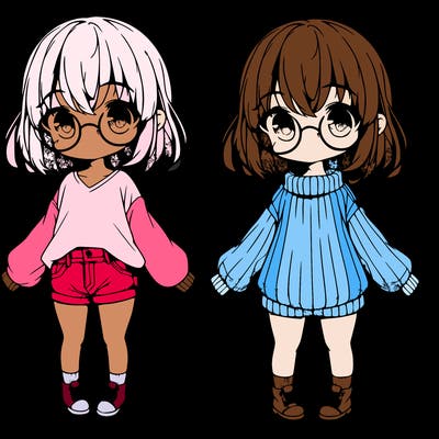a anime girl with medium hair glasses big eyes a very long sweater little jean shorts no shoes and socks