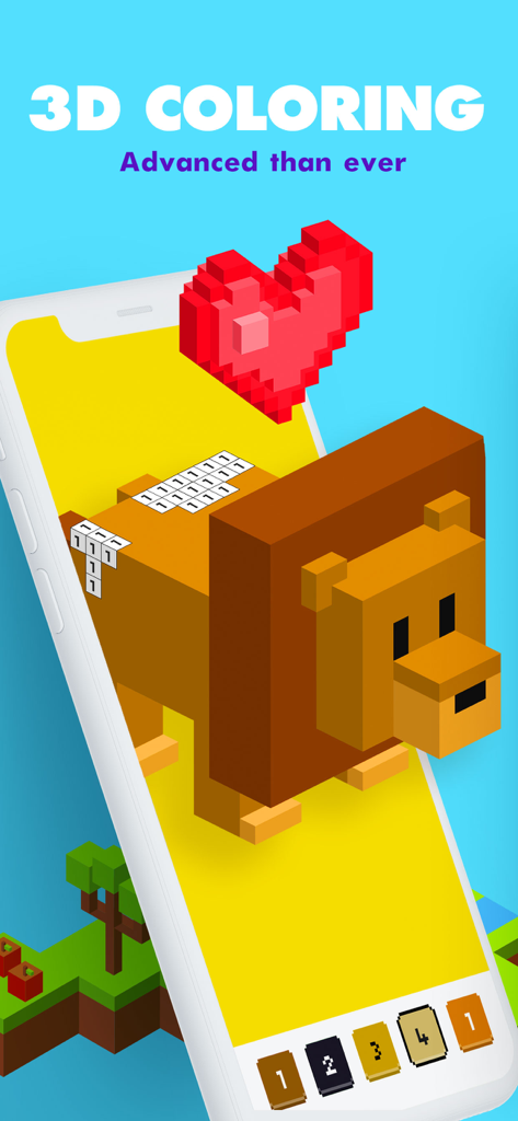 A smartphone displaying a 3D voxel lion being colored by number in the Unicorn 3D app
