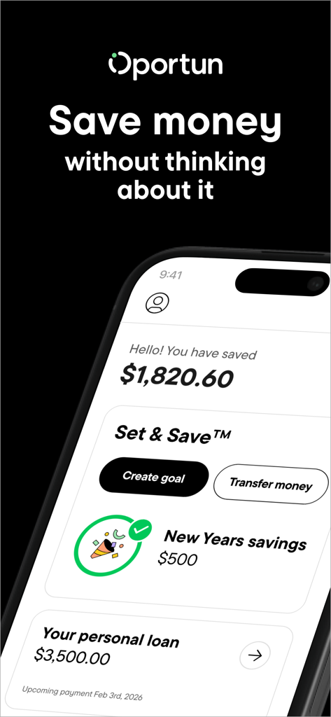 Oportun mobile app dashboard displaying total savings and personal loan status