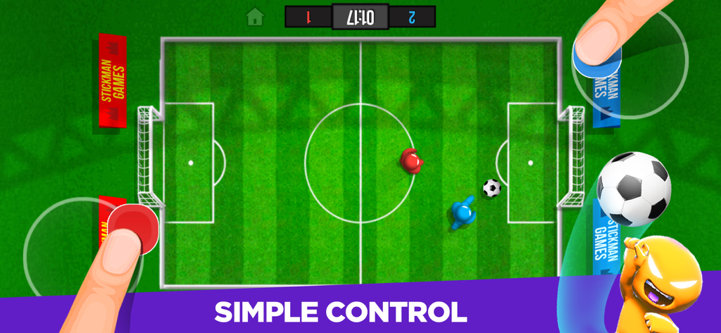 Two players competing in a stickman soccer mini game on one device