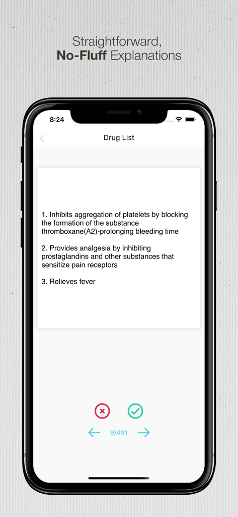 Paramedic Drug List Flashcards - A paramedic study app interface showing a drug list flashcard with concise medical explanations