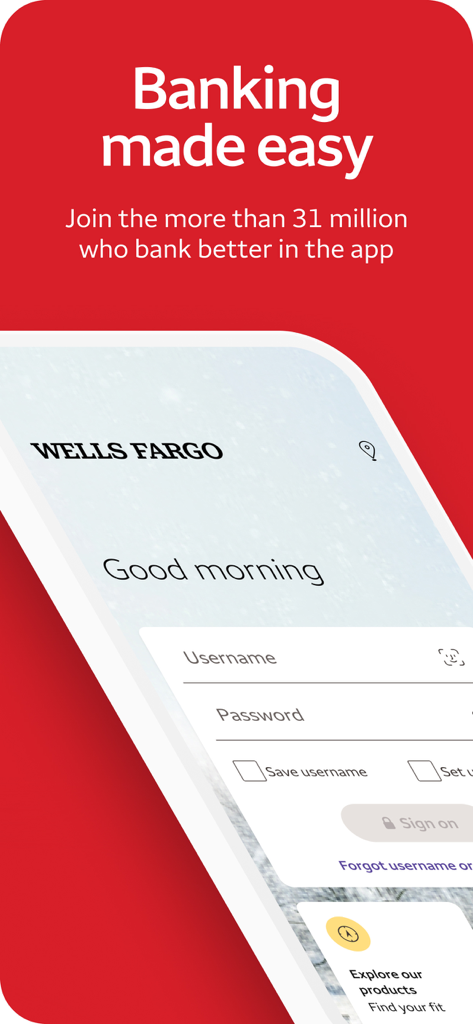 Wells Fargo Mobile app sign in screen with the slogan Banking made easy on a red background.