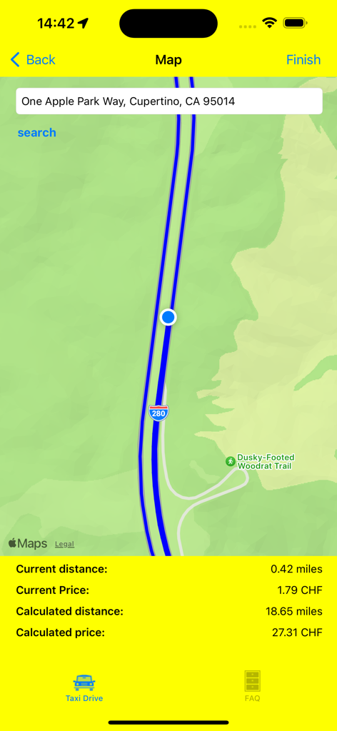 Taxi Control - Pantalla del mapa de la aplicación Taxi Control mostrando seguimiento de ruta en tiempo real y estimación de tarifas