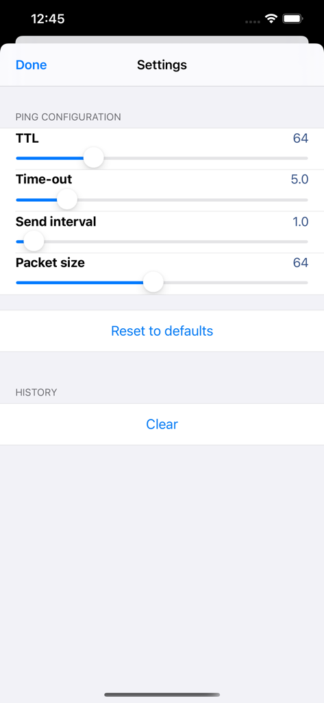 Settings menu of the Ping app showing configuration options for TTL timeout send interval and packet size