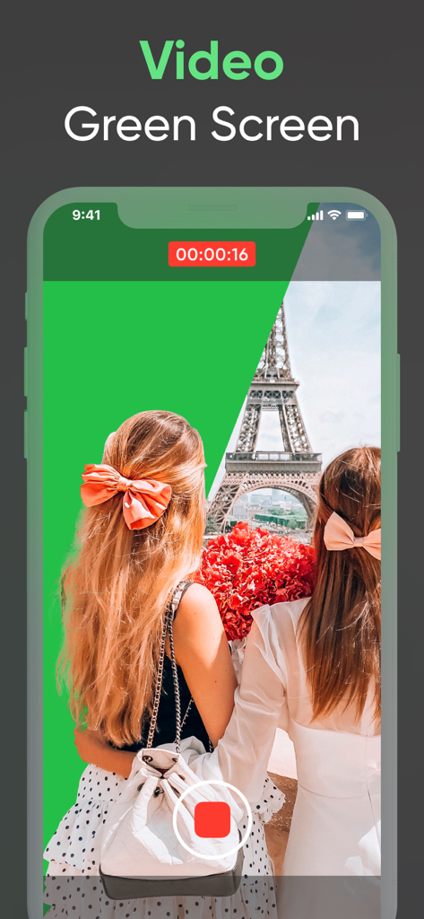 Interface de aplicativo móvel mostrando substituição de fundo de vídeo em tempo real com a Torre Eiffel