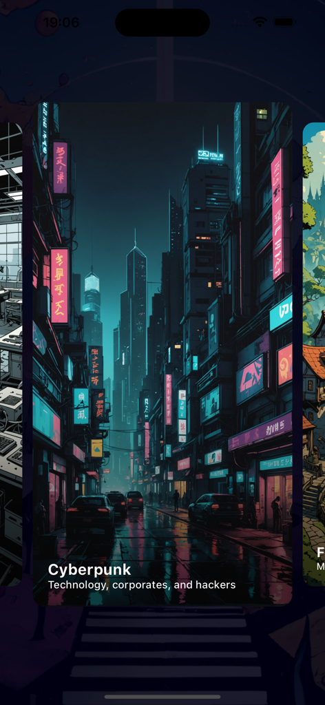 The Pathways - Infinite RPG - Cyberpunk world selection card in The Pathways RPG app with a neon futuristic city background
