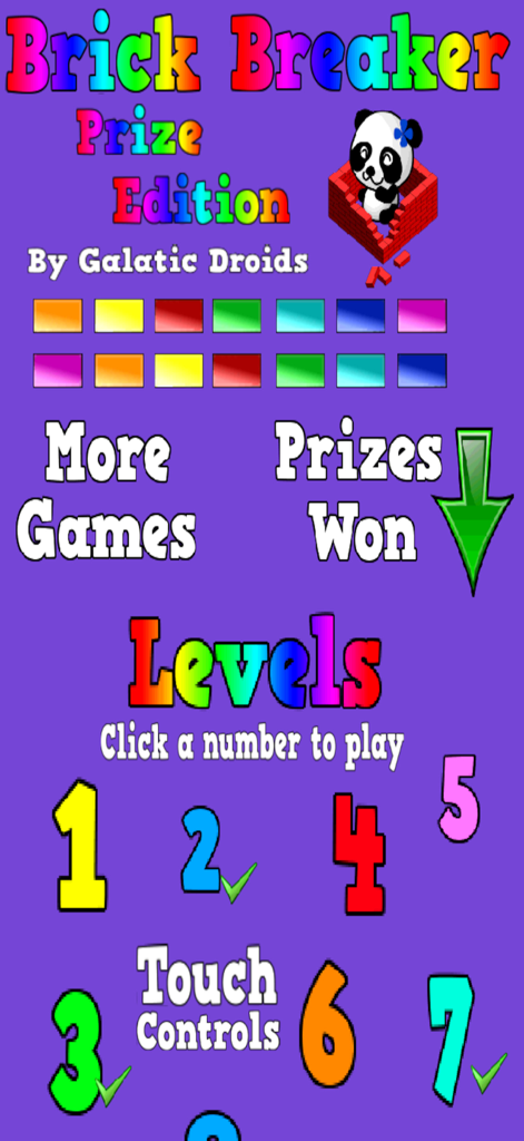 Menú de selección de niveles para Brick Breaker Prize Edition con gráficos coloridos estilo arcade y un personaje de panda.