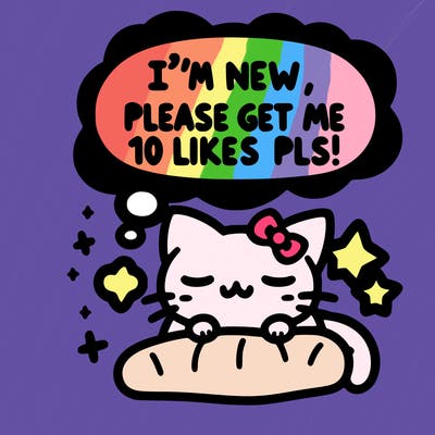 kitty taking a nap dream talking and saying "i'm new, please get me at least 10 likes pls!!"