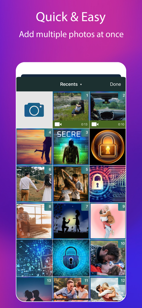 App Lock, Hide App & Lock Apps - Interfaz de la aplicación para seleccionar varias fotos para ocultar y bloquear por privacidad