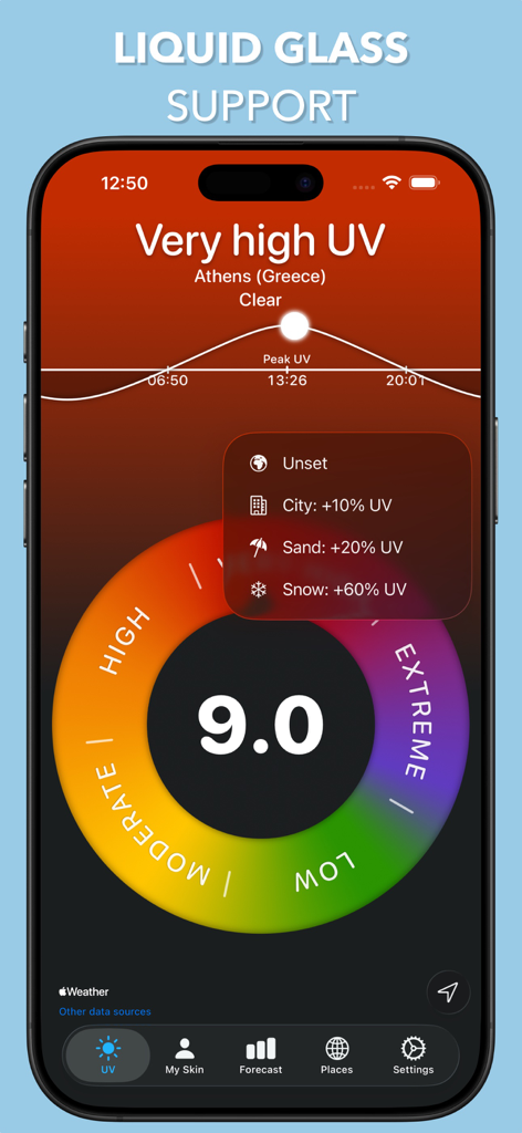 Eine Smartphone-Anzeige, die einen sehr hohen UV-Index von 9,0 in Athen mit umgebungsbasierten Intensitätsanpassungen zeigt.