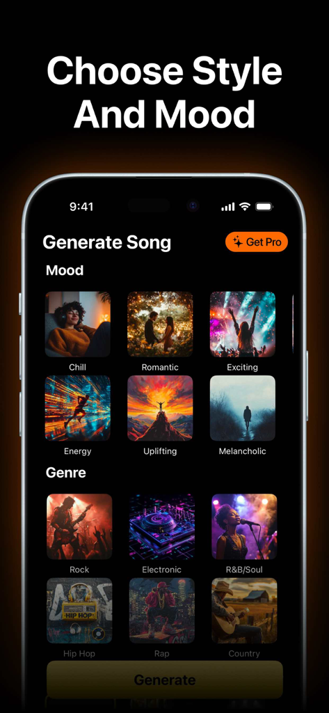 PLAI: AI Music Generator - A mobile app screen showing options to choose music moods and genres for AI song generation.
