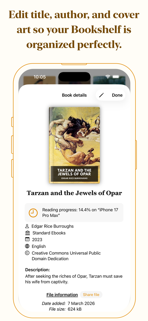 ePub Pro - ePub Pro モバイル画面。本の詳細と、タイトル、著者、カバーアートを編集するオプションを表示しています。