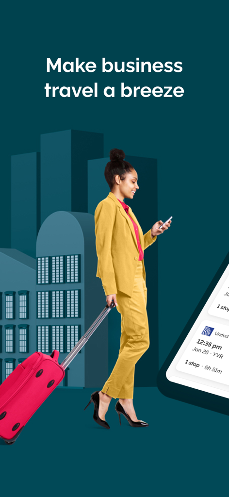 Eine professionelle Frau geht mit einem roten Koffer und benutzt die Melon Geschäftsreise-App auf ihrem Handy