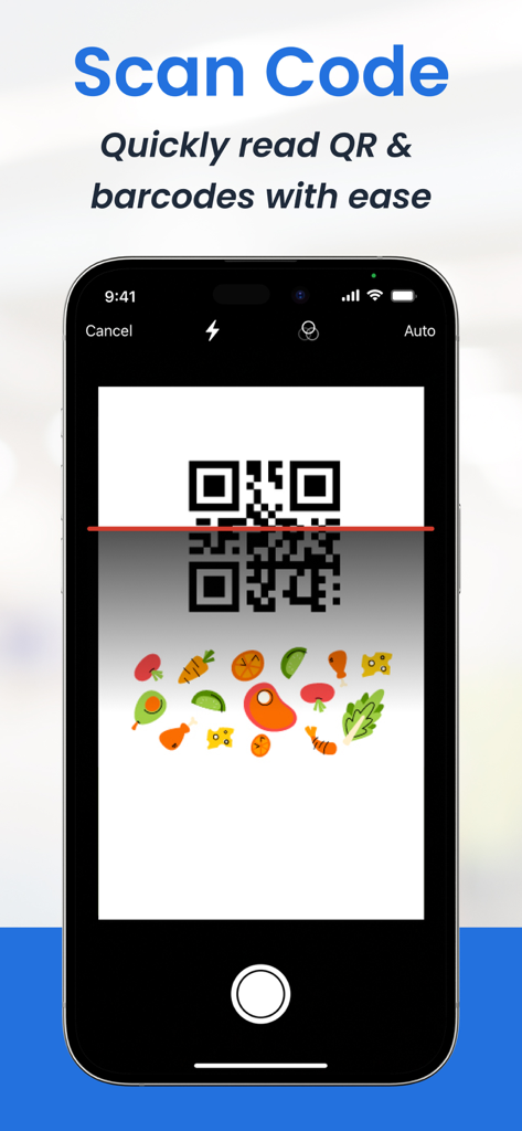 Mobile Scanner App - Interfaccia iPhone che mostra l'App Scanner Mobile mentre scansiona un codice QR sopra una collezione di icone di cibo