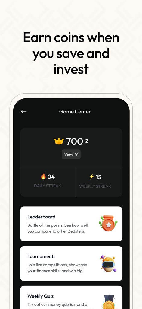 Zedcrest Wealth - Zedcrest Wealth app Game Center screen showing coin rewards and streaks for saving and investing