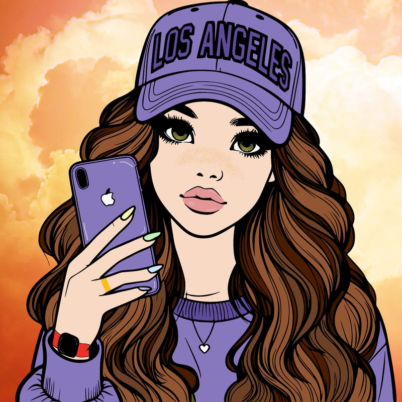 realistic beautiful girl wearing los ángeles cap holding an iphone