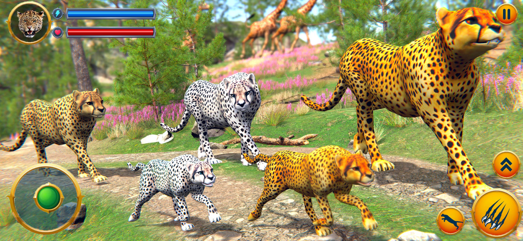 Wild Cheetah Family Simulator - A family of adult cheetahs and cubs roaming through a 3D safari landscape with giraffes in the background