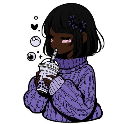 manga girl drinking boba in cozy sweater
