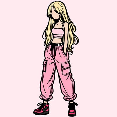 girl in baggy pants crop top and long hair