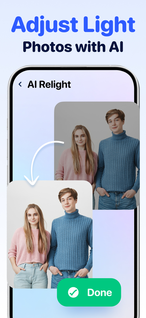 Clean Up Now: AI Cleaner - Clean Up Now app interface showing AI Relight feature to adjust photo brightness