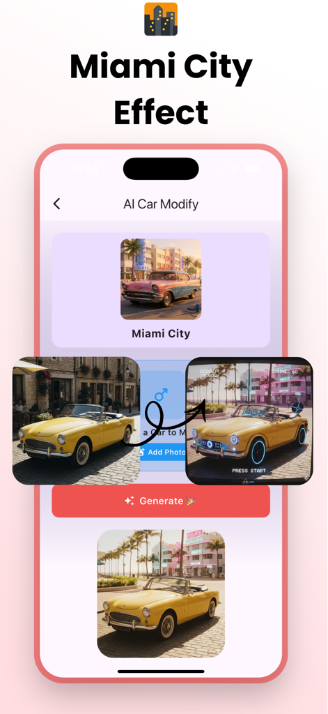 AI Car Design: Custom Maker - Vorher-Nachher-Vergleich eines Autos, das mit dem Miami City Synthwave KI-Filter modifiziert wurde