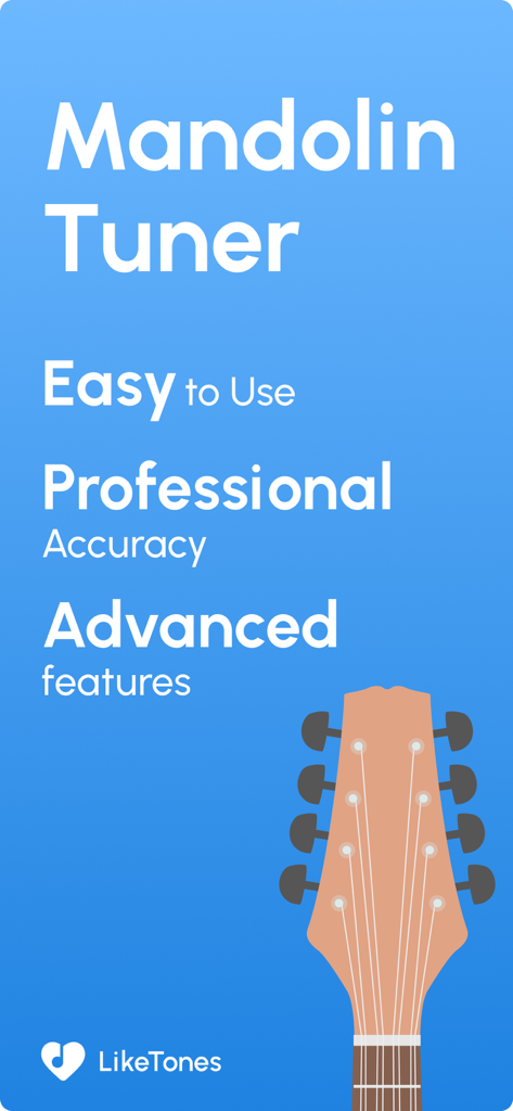 Mandolin Tuner app showing easy to use professional accuracy and advanced features.
