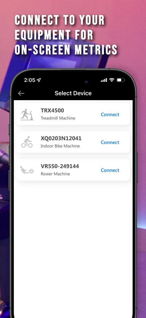 The Fitscope app interface showing a list of compatible fitness equipment for Bluetooth pairing to track workout metrics.