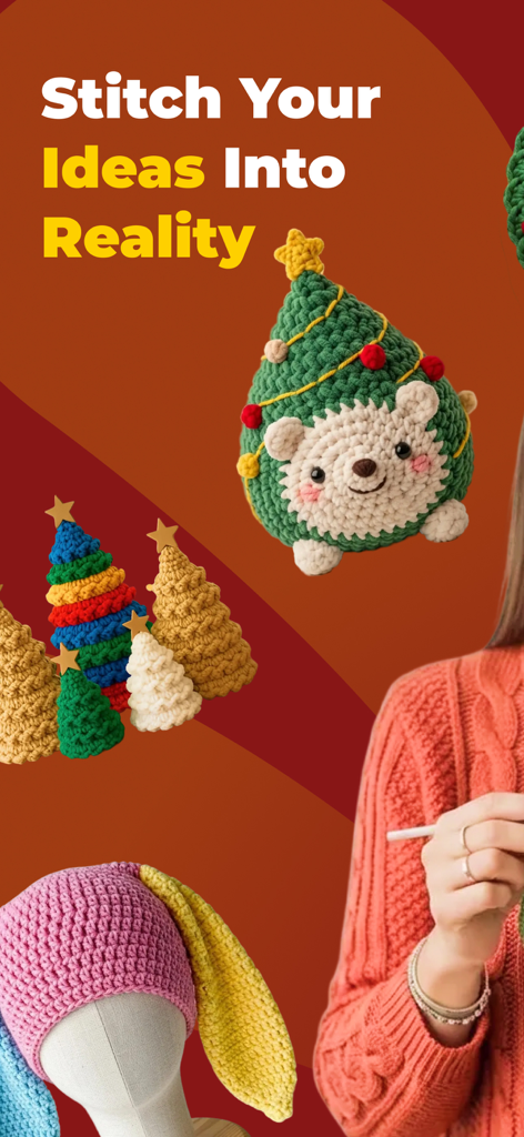 YarnPal - Crochet & Knitting - Écran de l'application YarnPal présentant un hérisson de Noël au crochet et des projets de création créatifs avec le titre 'Transformez vos idées en réalité'