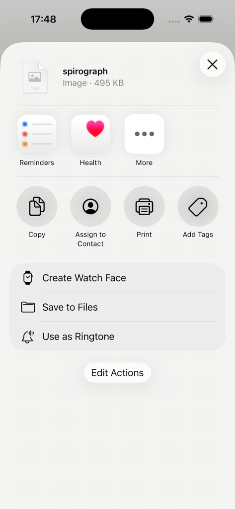 Spirograph Drawing - Menú de compartir de iOS que muestra opciones de exportación SVG para un diseño espirográfico