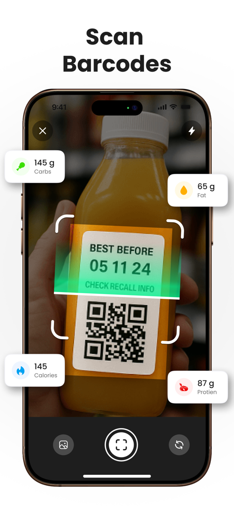 Calorie Counter App - Caloryx - A smartphone screen using the Caloryx app to scan a barcode and display nutritional information