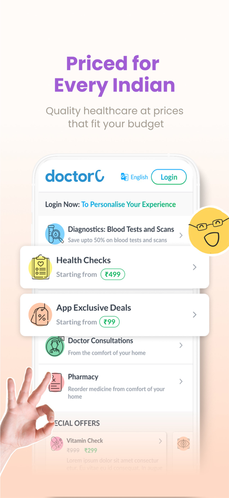 Interfaz de la aplicación DoctorC mostrando chequeos de salud y servicios de diagnóstico con descuento