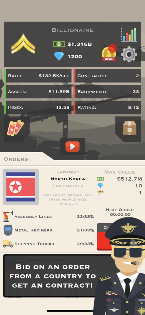 War Tycoon - War Tycoon game interface showing billionaire status and a military contract order from North Korea.