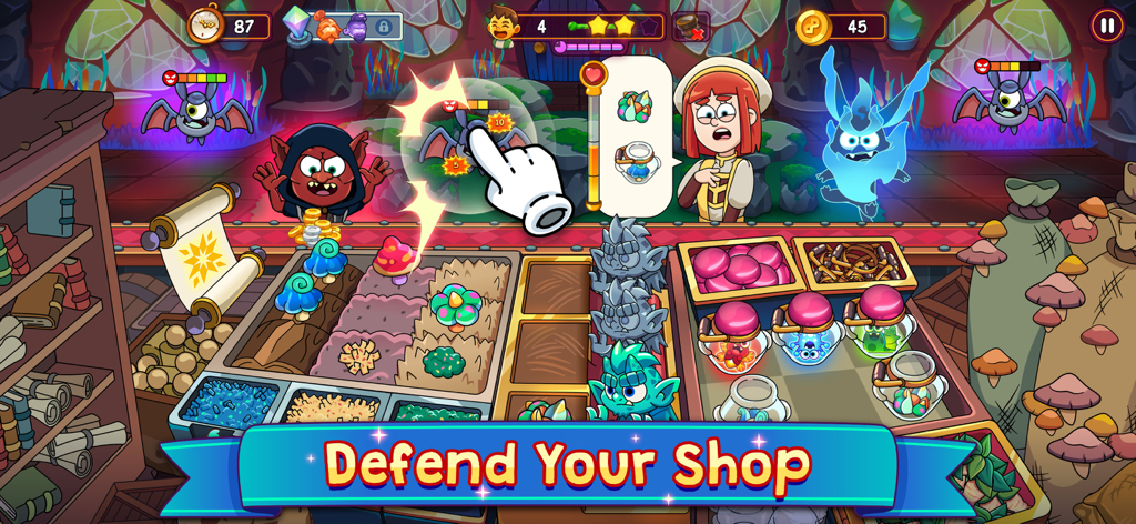 Potion Punch 2 gameplay showing shop defense against monsters