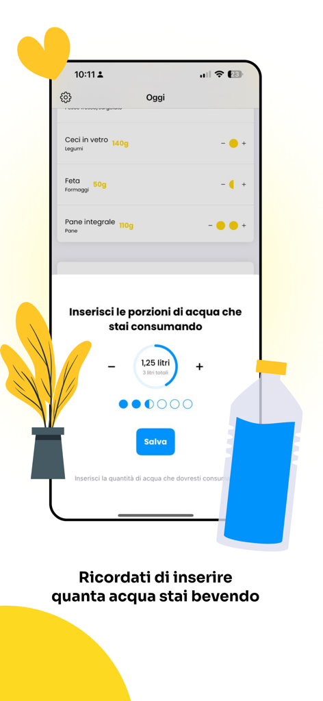 Una captura de pantalla de la interfaz de la aplicación Dieta a Porzioni que muestra la función de seguimiento de la ingesta de agua con un objetivo diario de 3 litros.