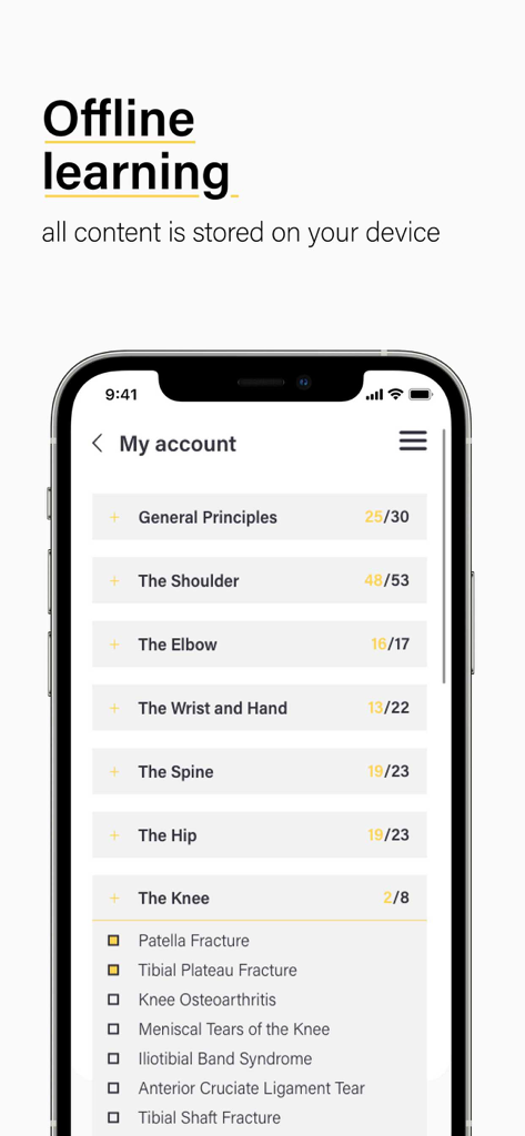 A smartphone showing the offline learning interface with a list of surgical topics and progress trackers.