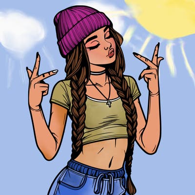 realistic teenage girl with braids and a beanie and crop top doing 🫶🏼