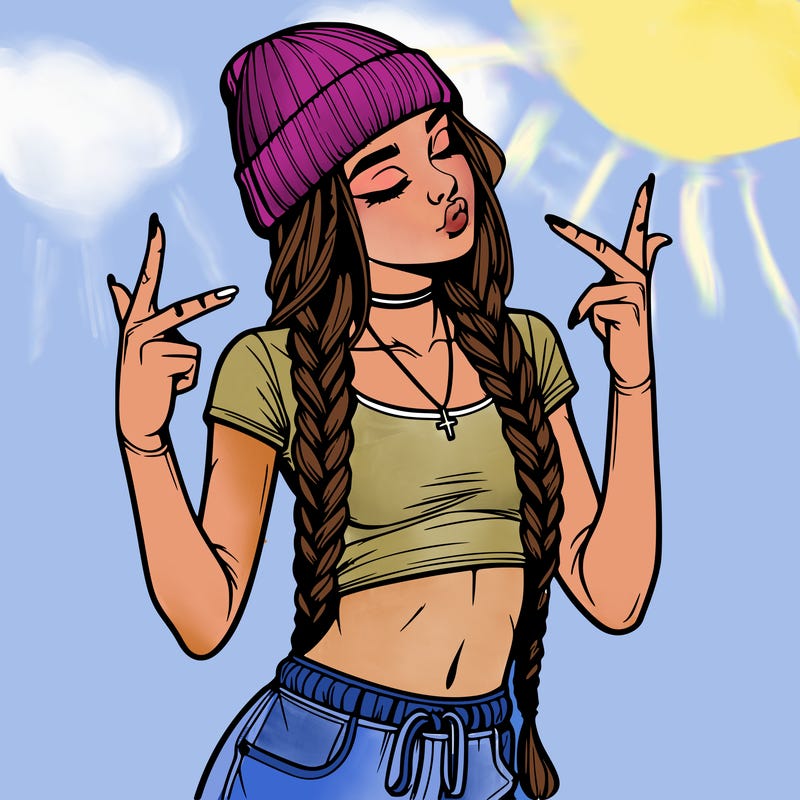 realistic teenage girl with braids and a beanie and crop top doing 🫶🏼