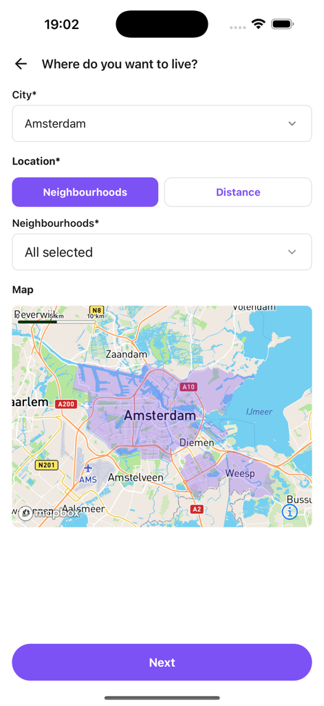 RentSlam - A screen in the RentSlam app where users select their preferred city and neighborhoods on a map for apartment searching