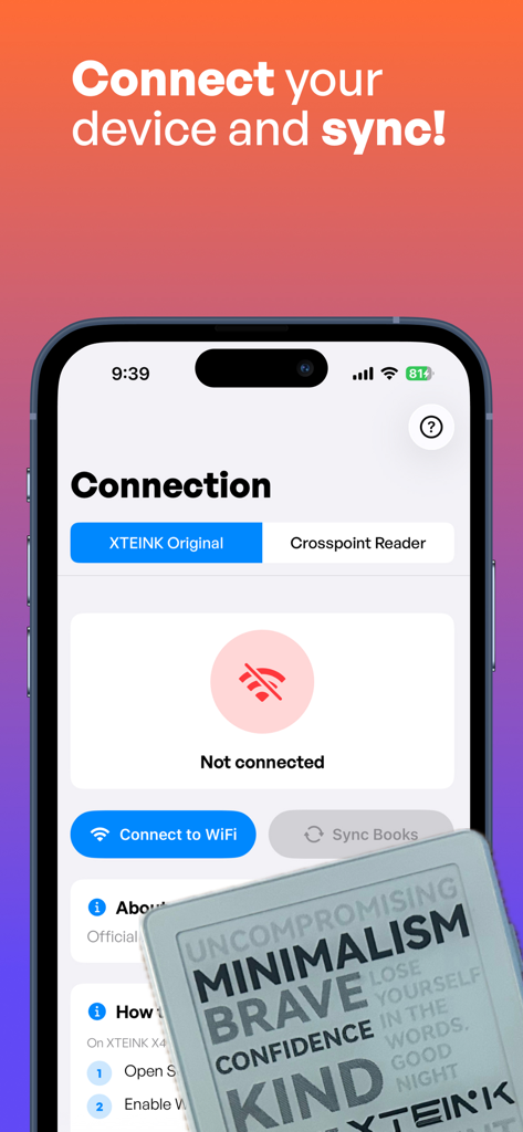 Bookshelf: book tracker - Pantalla de conexión WiFi para sincronizar la aplicación Bookshelf con lectores electrónicos XTEINK