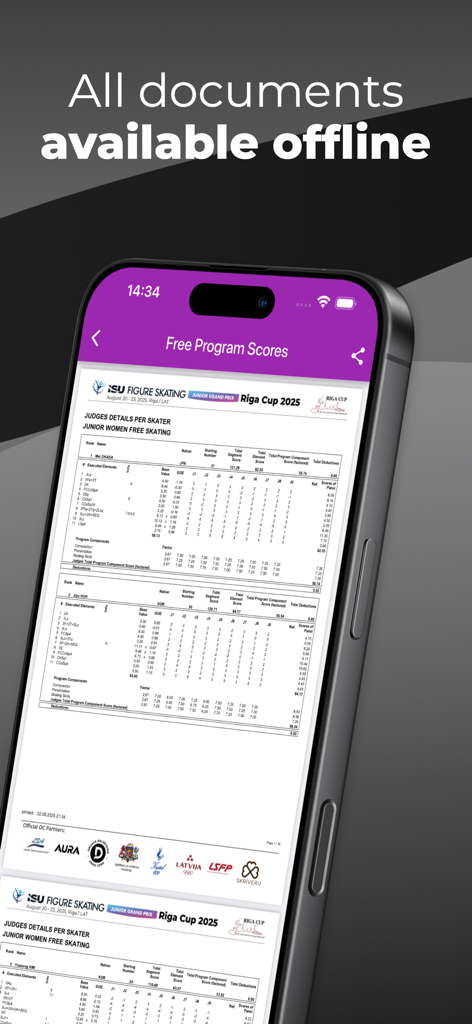 Sportity - Smartphone screen displaying offline figure skating results in the Sportity app