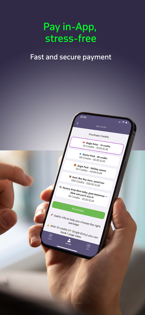 Smartphone-Bildschirm, der die Kaufseite für Guthaben in der BookyWay App mit verschiedenen Preisoptionen und einer Kaufschaltfläche anzeigt