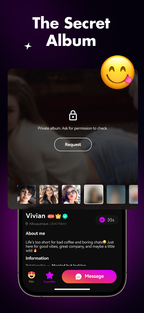 Adult Friend Flirt App: XFun - XFun app interface showing the secret album request feature for private profile photos