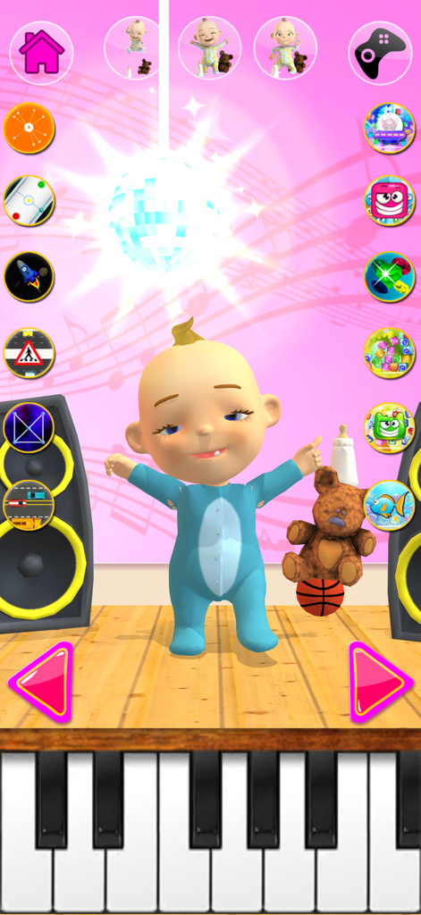 Babsy Baby character dancing under a disco ball on a music stage with a piano keyboard.