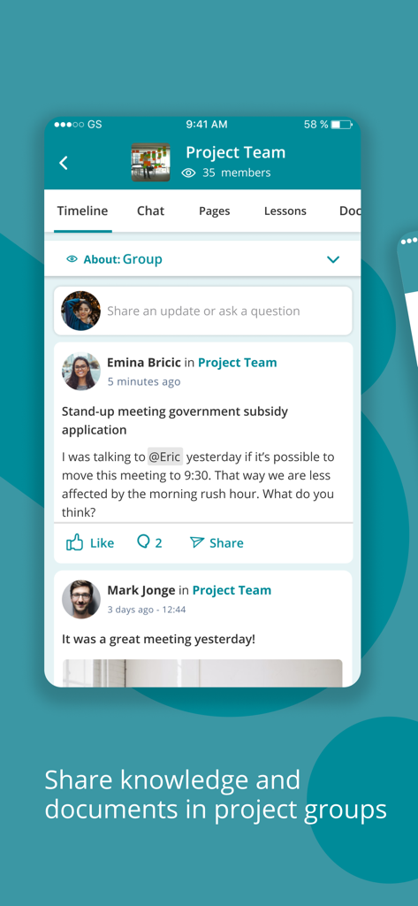 Plek social intranet app showing project team timeline for collaboration and knowledge sharing