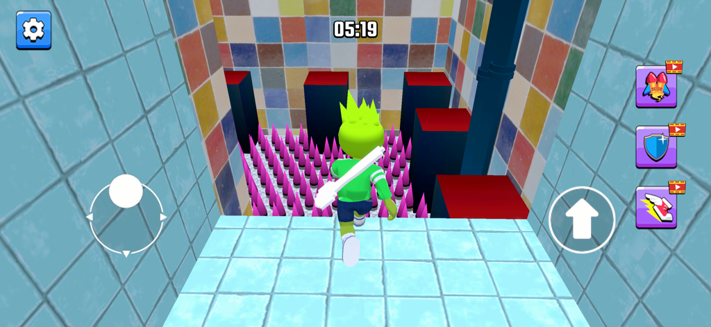 Great Escape Run - Un personaje verde corriendo hacia un foso de pinchos en un nivel de sala embaldosada