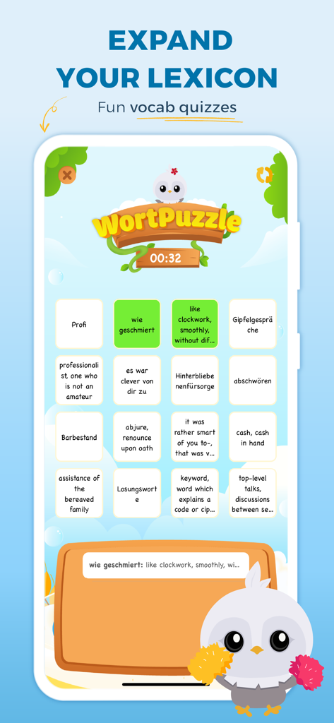 Tela do jogo de vocabulário WortPuzzle do Dicionário Alemão Faztaa